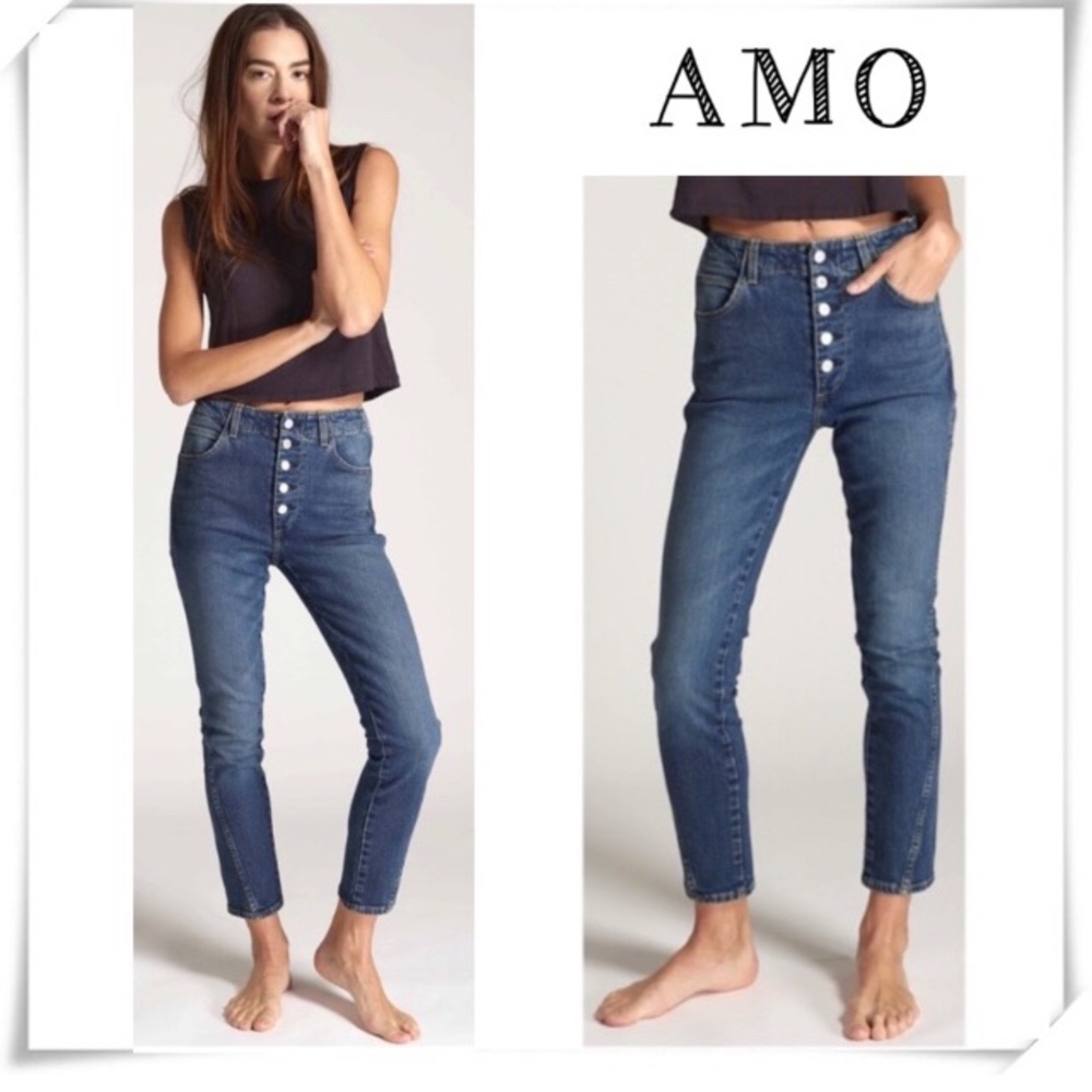 AMO Slim Duck Pant High Rise Button Fly Jeans in Dark Vintage Medium Wash